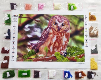 DIY Seed Bead Embroidery Picture Set "Owl in the Forest", Kit for Glass Beads Stitching, Craft Supplies for Kids and Adults, Mother Day Gift