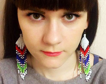 Chunky Extra Long Bead Earrings, Big Earrings, Bead Jewelry, Native America Style Long Bead Earring, Brick Stitch Long Beaded Earrings
