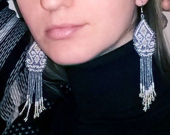 Christmas Gift Bead Earrings, Xmas Gift Dangle Earrings, Big Earrings, Long Bead Earring, Native America Style Earring, Long Beaded Earrings