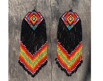 Black and Red Native America Inspired Beaded Earrings, Native American Style Bead Earring, American Style Big Earring, Big Earrings
