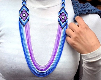 Four Winds Purple & Blue Native Style Bead Necklace, Bead Loom Necklace, Loom Bead Necklace, Native America Style Jewelry, Beaded Jewelry