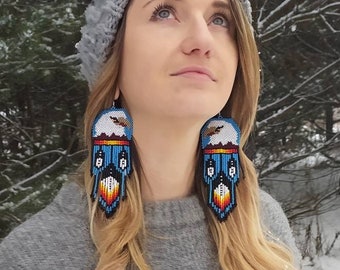 Eagle Head Native America Style Bead Earrings, Beaded Native Jewelry, Brick Stitch Long Dangle Earrings Tribe Pattern, Eagle Jewelry