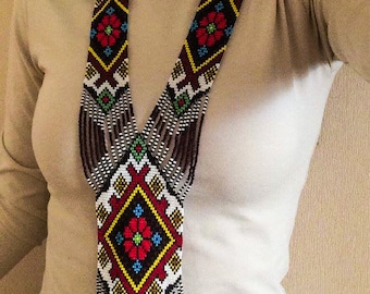 Ukrainian Beaded Summer Flower Gerdan Necklace, Bead Loom Necklace, Loom Beaded Necklace, Ukraine Bead Loom Necklace, Native Bead Necklace