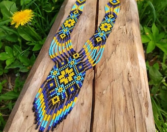 Blue Yellow Ukraine Flag Gerdan Necklace, Traditional Ukrainian Bead Loom Necklace, Native Ukrainian Jewelery, Kyiv Ethnic Necklace