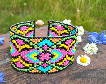 Mexico Festival Western Bead Cuff Bracelet, Bead Loom Bracelet, Mexican Loom Bead Bracelet, Southwestern Jewelry, Native America Jewelry