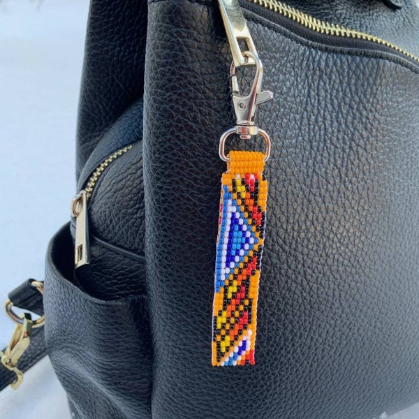 Native America Inspired Bead Keychain, Beaded Key Chain Indian Jewelry Style, Southwest Style Lanyard, Beaded Diamonds Carbine Badge Holder