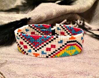 Pulsera colorida de cuentas mexicanas tejidas en telar, pulsera de cuentas tejidas en telar, joyería nativa americana, joyería de cuentas nativa americana, pulsera de cuentas del suroeste