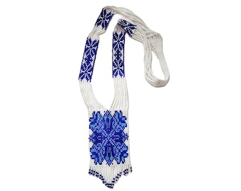 Ukrainian Beaded Winter Ice and Snow Pattern Gerdan Necklace, Blue & White Frozen Pattern Jewellery, Ukraine Handmade Jewelry Gift for her