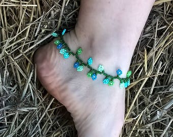 Green & Aqua Daisy Flower Anklet, Daisy Chain Anklet, Beaded Daisy Anklet, Summer Anklet, Beach Ankle Bracelet, Beach Summer Anklet