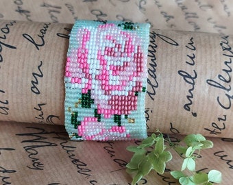 Tender Pink Roses Bracelet, Pastell Roses Bead Loom Bracelet, Wide Bracelet with Roses, Cuff Bracelet, Beaded Roses Jewelry, Flower Bracelet