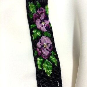 Black Viola Flower Bracelet, Ukrainian Bead Bracelet, Wide Ukrainian Bracelet ,Bracelet with Viola, Bead Cuff Bracelet, Flower Bracelet image 2