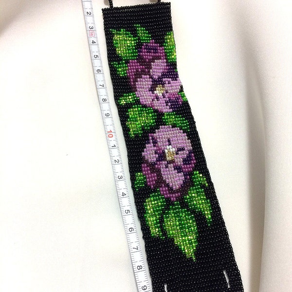 Black Viola Flower Bracelet, Ukrainian Bead Bracelet, Wide Ukrainian Bracelet ,Bracelet with Viola, Bead Cuff Bracelet, Flower Bracelet