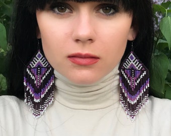 Purple & White Bead Earrings, Big Earrings, Bead Jewelry, Long Bead Earring, Beaded Native America Style Bead Earrings, Indian Style Earring