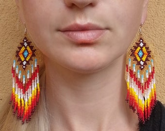 Brown Native America Bead Earring, Long Beaded Native American Earrings, Indian Bead Jewelry, Native America Dangle Earrings, Beaded Jewelry