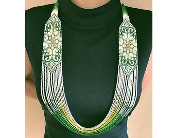 Traditional Green White Ukrainian Gerdan Bead Necklace, Bead Loom Necklace, Loomed Necklace, Ukraine Bead Jewelry, Colorful Ukraine Gerdan