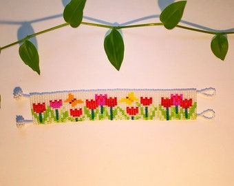 Custom Listing: Tulip Field Bead Loom Bracelet on White Background
