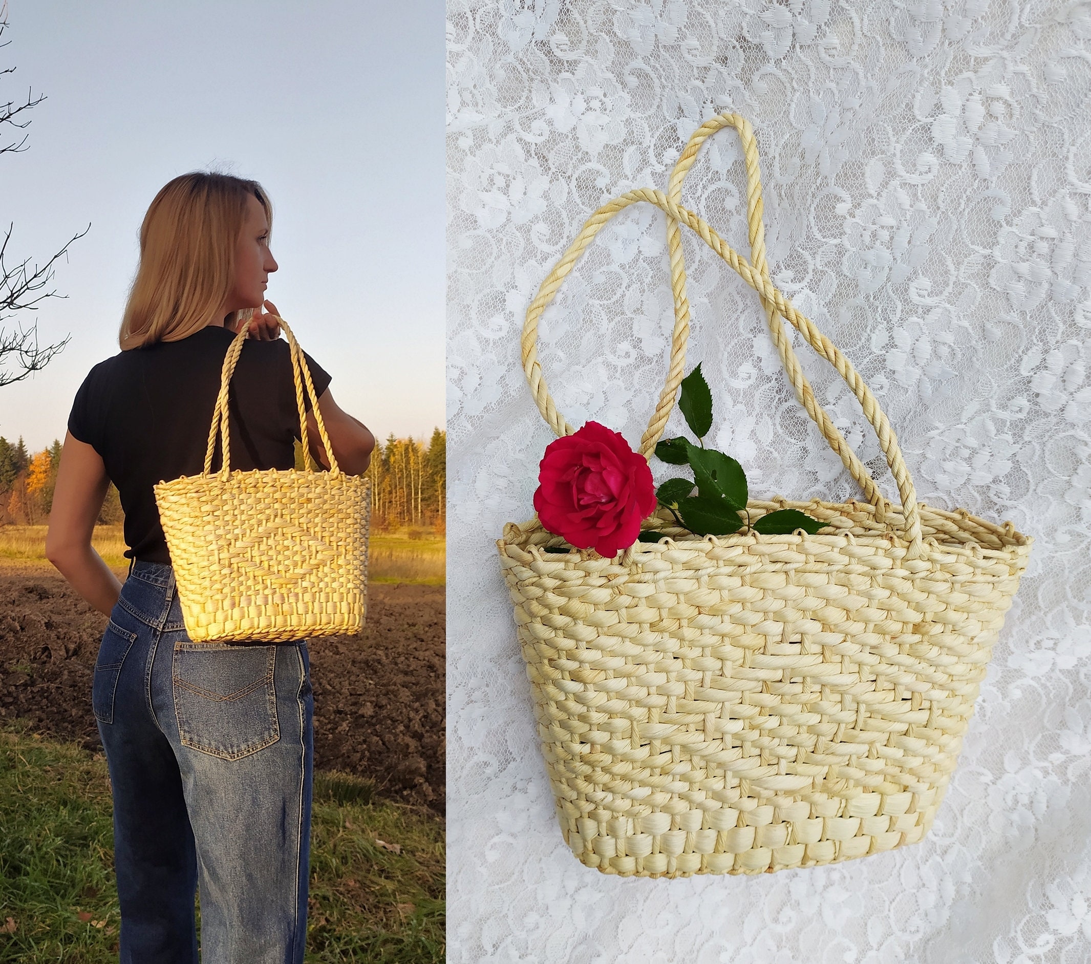 Woven tote bag beach Etsy