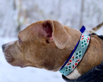 Beaded Dog Collar, Turquoise Metallic Pet Bead Choker, Native America Inspired Dogs Neck Collar, Animal Bead Jewelry, Bead Loom Dog Chocker