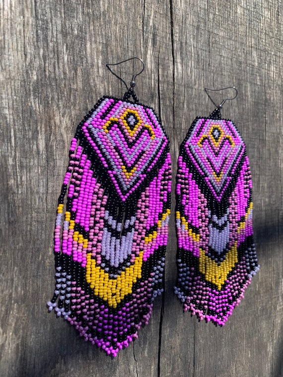 Purple and Black Native America Inspired Beaded Earrings Native