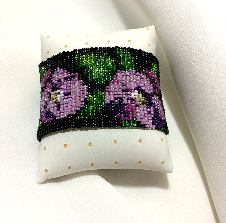 Black Viola Flower Bracelet, Ukrainian Bead Bracelet, Wide Ukrainian Bracelet ,Bracelet with Viola, Bead Cuff Bracelet, Flower Bracelet image 3