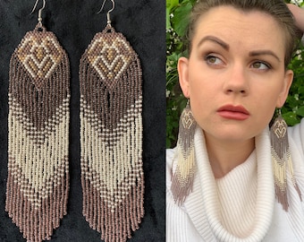 Brown and Beige Native America Inspired Beaded Earrings, Native American Style Bead Earring, American Style Big Earring,Big Earrings