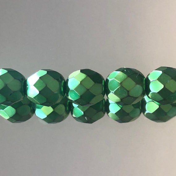 50 Emerald-Celsian Czech Firepolished Faceted Round Glass Beads 4mm