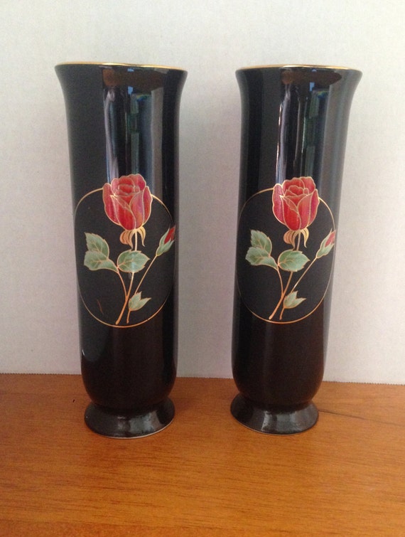 Otagiri Japan Crimson Rose Black Bud Vases With Gold Accents Etsy