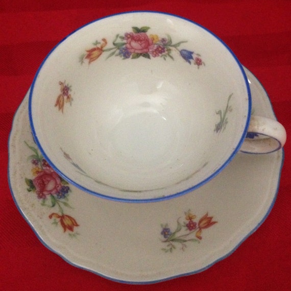 Zeh Scherzer Bavaria Germany Porcelain Tea Cup Saucer Blue Trim