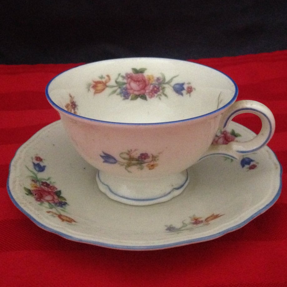 Zeh Scherzer Bavaria Germany Porcelain Tea Cup Saucer Blue Trim