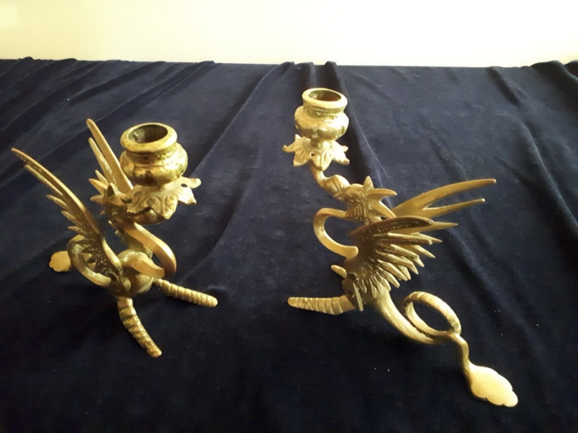 Antique Pair Brass Dragon Candle Holders / Candlesticks Etsy