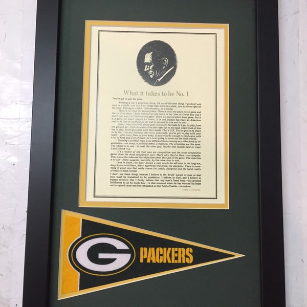 Vince Lombardi What It Takes To Win framed photo speech  w/ Pennant Green Bay Packers