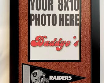 LasVegas Raiders custom picture frame. Fottball pigskin matting. Mini pennant. Oakland Raiders