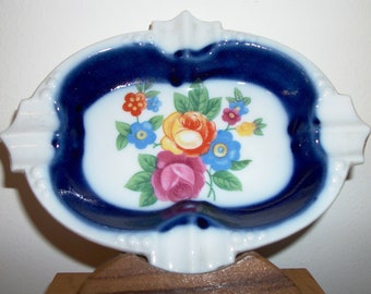 Vintage Japanese Candy Dish or Ashtray - Cobalt Blue with Floral Pattern