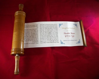 Megillat Esther Scroll - Personalized Purim Megillah Gift - Wooden Spindle Case & Lucite Stand
