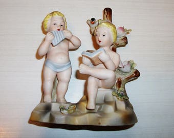Bisque Cherubs with Flowers and Bird Figurine, Antique Japanese, Andrea by Sadek N.Y.