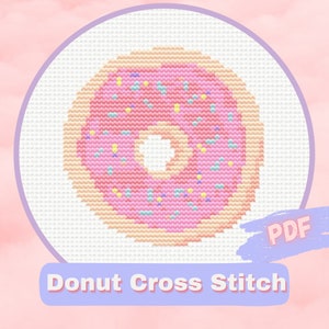 Pink Sprinkles Donut Digital Counted Cross Stitch Chart - Kawaii Dessert Embroidery Pattern PDF - Sprinkled Treat Cute and Easy Needlepoint