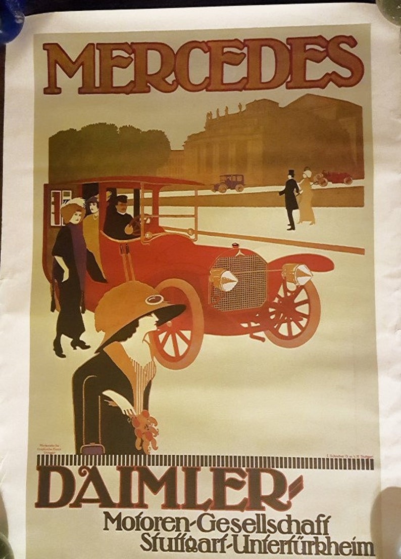 German Car VINTAGE POSTER REPRO 1908 Mercedes Poster for a Mercedes Double Phaeton