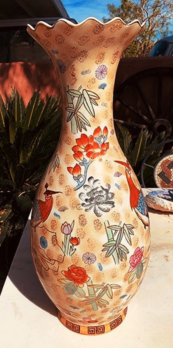 Vintage Chinese Oriental Porcelain Floor Vase Peacock Motif Etsy