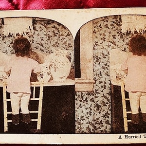 Vintage Colored Stereo Card "Hurried Toilet" circa Late 1800's to Early 1900's
