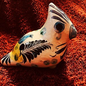 Vintage Bird Figurine Signed Tonala Mexico CAT #315 Floral & Face Design