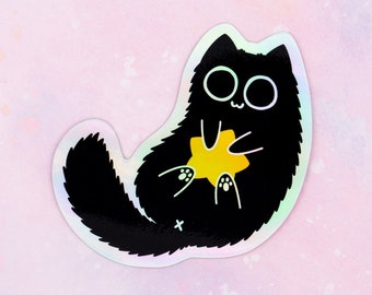 Star Hugger Bean Holographic Vinyl Sticker / Black Cat Weatherproof Cute Kawaii Sticker, Gift for Cat Lovers