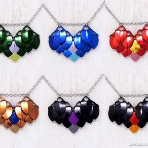 Dragon Scale Heart Pendant / Aluminum Chainmaille Necklace / Green, Blue, Red, Bronze, Black Flights / Fantasy & Gamer Gifts / Steel image 1