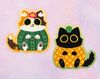 Catcus & Pinyapple Vinyl Stickers / Calico Cactus and Black Cat Pineapple / Weatherproof Cute Kawaii Cat Sticker Pack, Gift for Cat Lovers