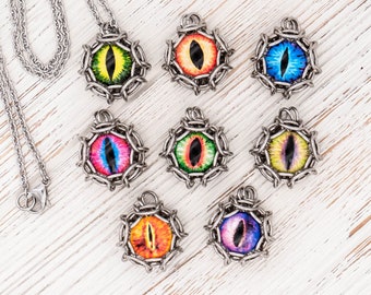 Dragon Eye Chainmail Pendants / Stainless Steel Fantasy Necklace with Dragon, Monster, Dinosaur, or Cat Eye Cabochons