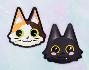 Moose & Bean Face Fridge Magnets / 3" Cute Kawaii Calico and Black Cat Magnets, Great Gift for Cat Lovers