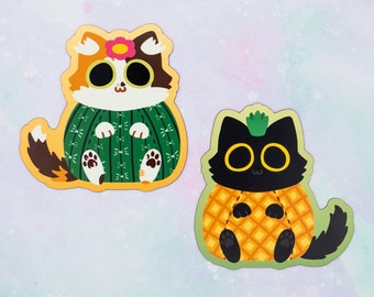 Catcus & Pinyapple Fridge Magnets / 3" Cute Kawaii Calico Cactus and Black Cat Pineapple Magnets, Gift for Cat Lovers