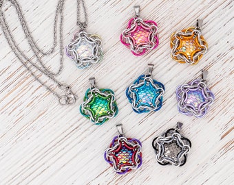 Mermaid Scale Chainmail Pendants / Fantasy Chainmaille Necklace with Iridescent Mermaid Cabochons