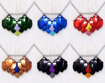 Dragon Scale Heart Pendant / Aluminum Chainmaille Necklace / Green, Blue, Red, Bronze, Black Flights / Fantasy & Gamer Gifts / Steel