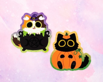 Halloween Cat Sticker Pack / Cute Black Kitty Pumpkin, Calico Witch / Waterproof Vinyl Decal