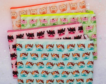 Ice Cream Cats Large Pouch / Cute Kawaii Cat Pattern Cosmetic or Crafts Bag with inside zipper